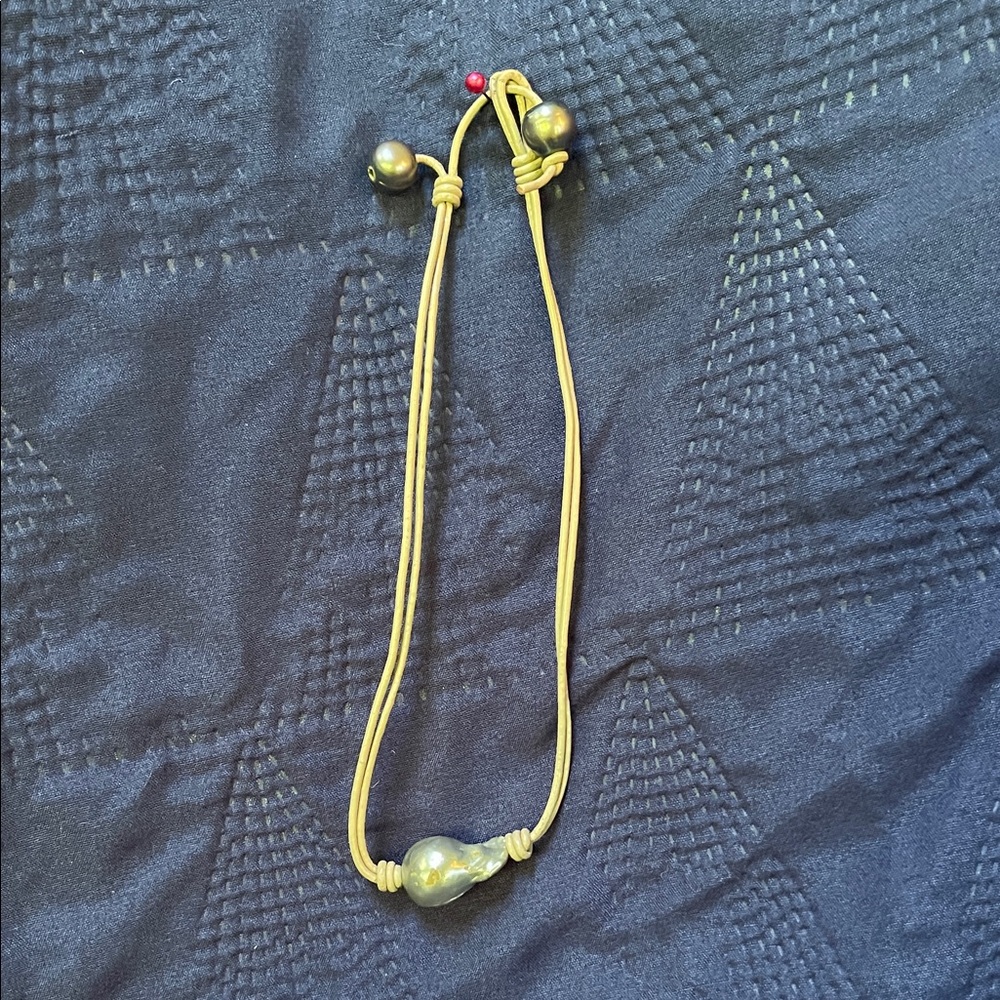 Beige Leather Cord Necklace with Pearls